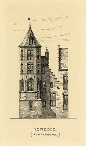 202587 Opstand van de achtergevel met de torenuitbouw van het huis Renesse (Drift 23) te Utrecht.01-01-1541-31-12-1541